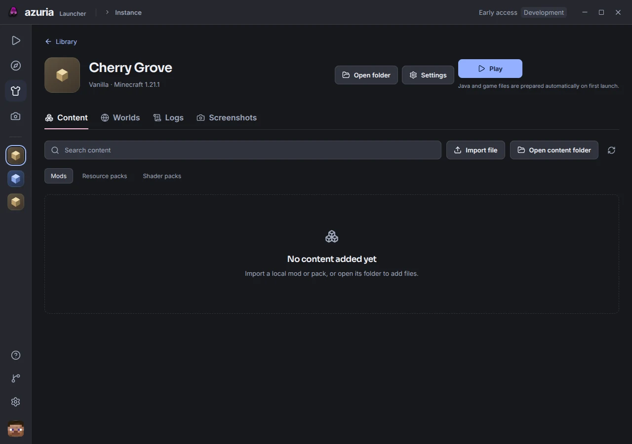 Azuria’s current instance page with Play, content navigation, logs, screenshots and settings controls.