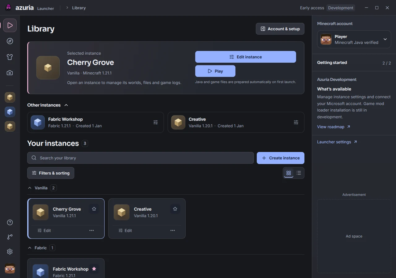 Azuria’s current library with sample Vanilla and Fabric instances, Play controls and a player skin head.
