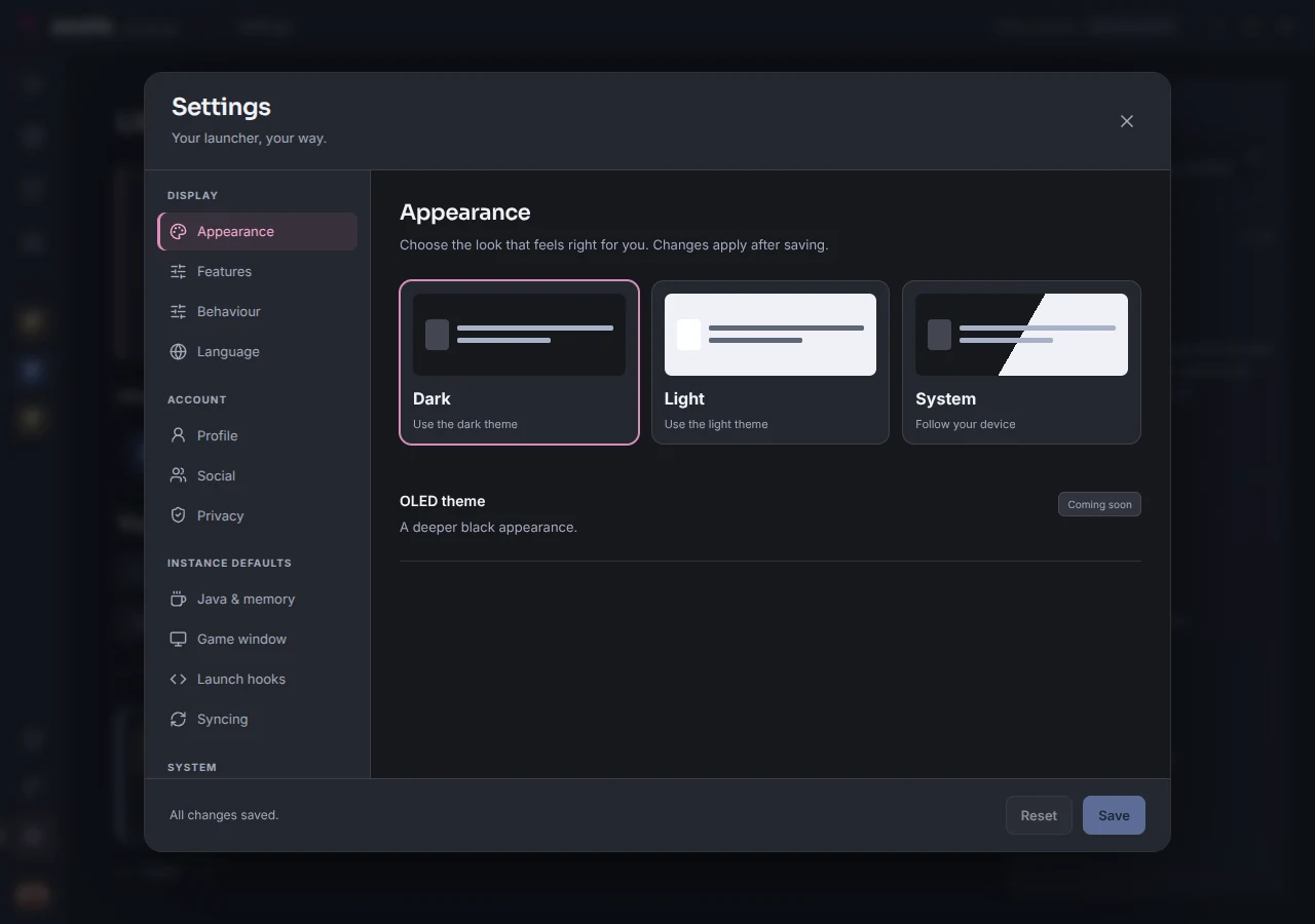 Azuria’s centred settings popup with category navigation, theme cards and fixed Save and Reset buttons.